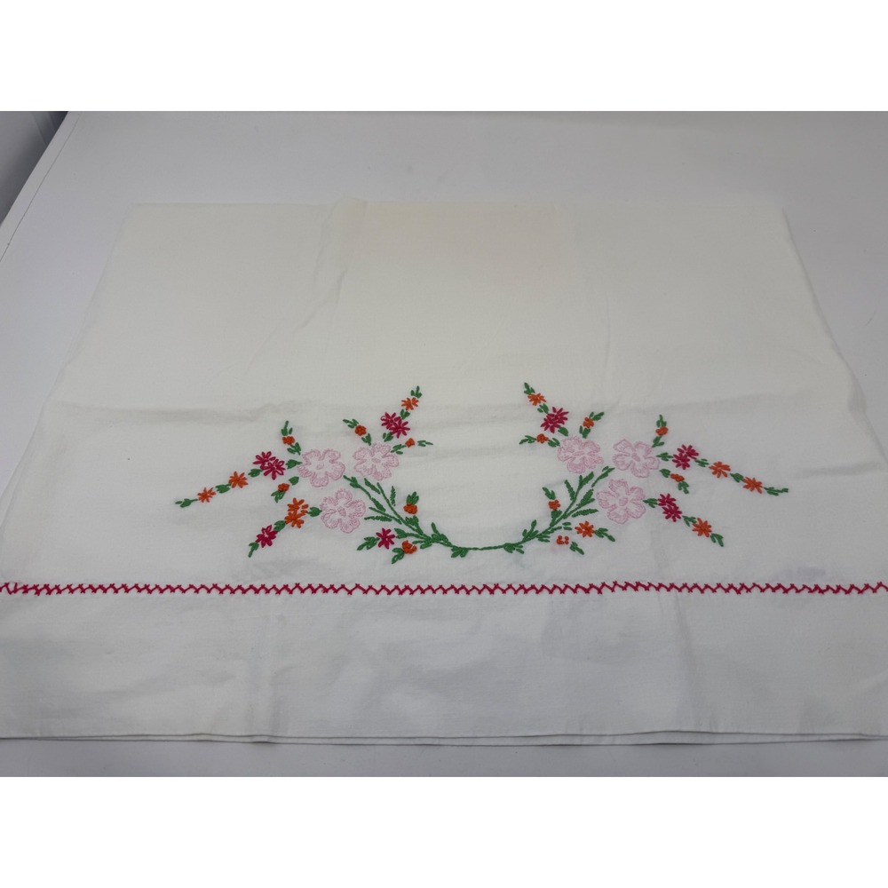Vintage Penneys Nation-Wide Embroidered Floral Pillowcase White Pink Red Orange